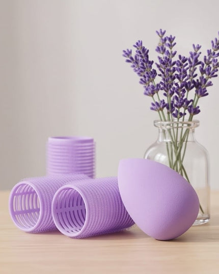 Rollers, a plush headband, and a soft powder puff-Accessories