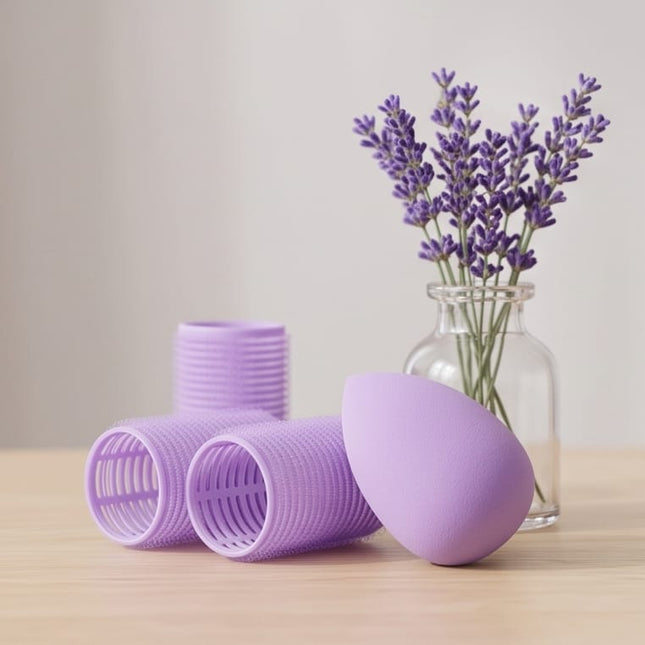 Rollers, a plush headband, and a soft powder puff-Accessories