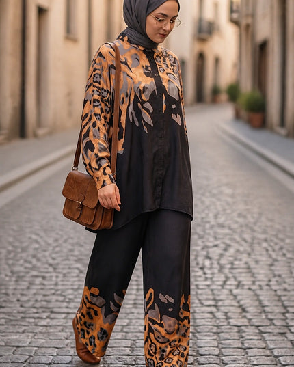 Brand Zee two-piece co-ord set with animal print shirt and wide-leg trousers in black, ochre, and grey on a woman.