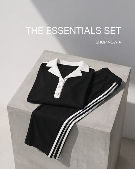 Brand Zee black ribbed lounge set with white polo collar, button detail, and sporty side-stripe trousers.