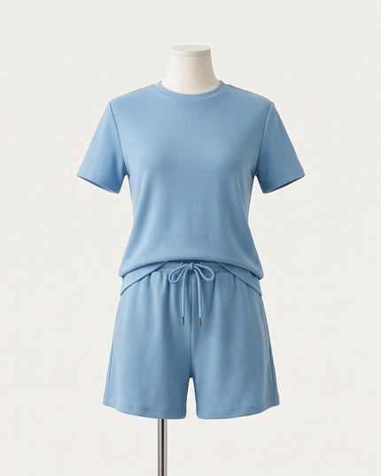 Brand Zee blue cotton loungewear set featuring a crew-neck t-shirt and drawstring shorts on a mannequin