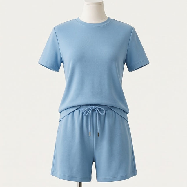 Brand Zee blue cotton loungewear set featuring a crew-neck t-shirt and drawstring shorts on a mannequin