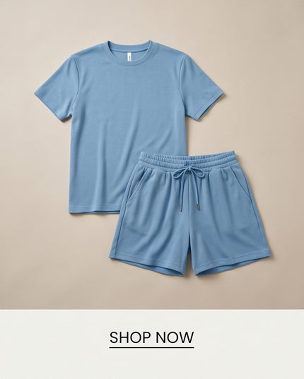 Brand Zee blue ribbed cotton loungewear set featuring a crew-neck t-shirt and drawstring shorts with side pockets.