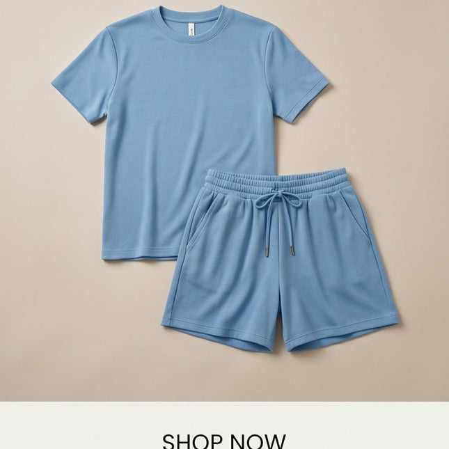 Brand Zee blue ribbed cotton loungewear set featuring a crew-neck t-shirt and drawstring shorts with side pockets.
