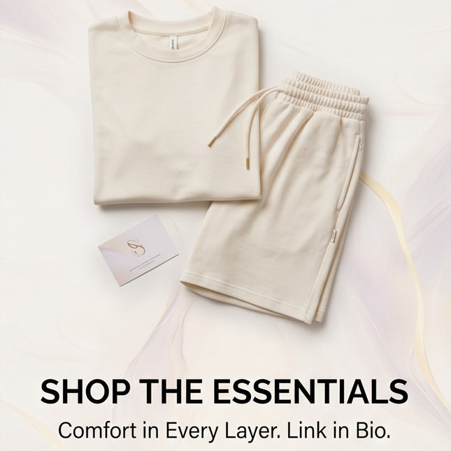 Brand Zee cream lounge set featuring a crew neck t-shirt and matching drawstring shorts with side pockets.