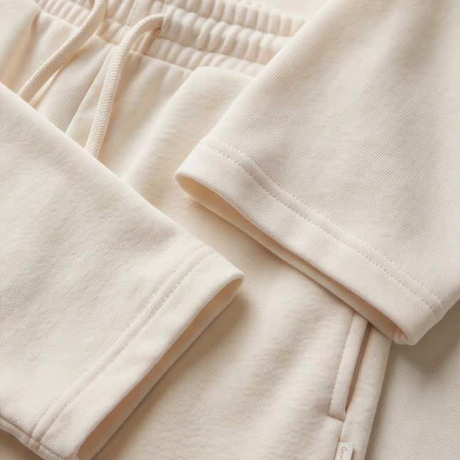 Brand Zee cream lounge set featuring soft fabric, elasticated drawstring shorts, and a crew neck top with side pocket