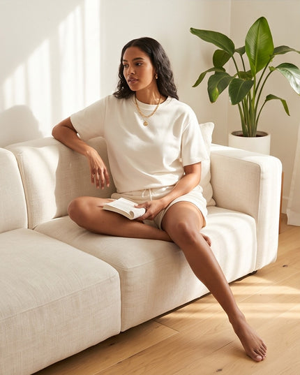 Woman wearing a cream Brand Zee lounge set with a crew neck top and drawstring shorts, sitting on a sofa.