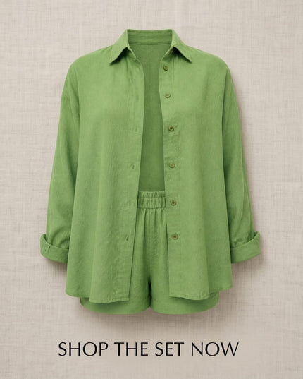 Brand Zee relaxed green two-piece summer co-ord set featuring a button-up shirt and shorts in modal viscose blend