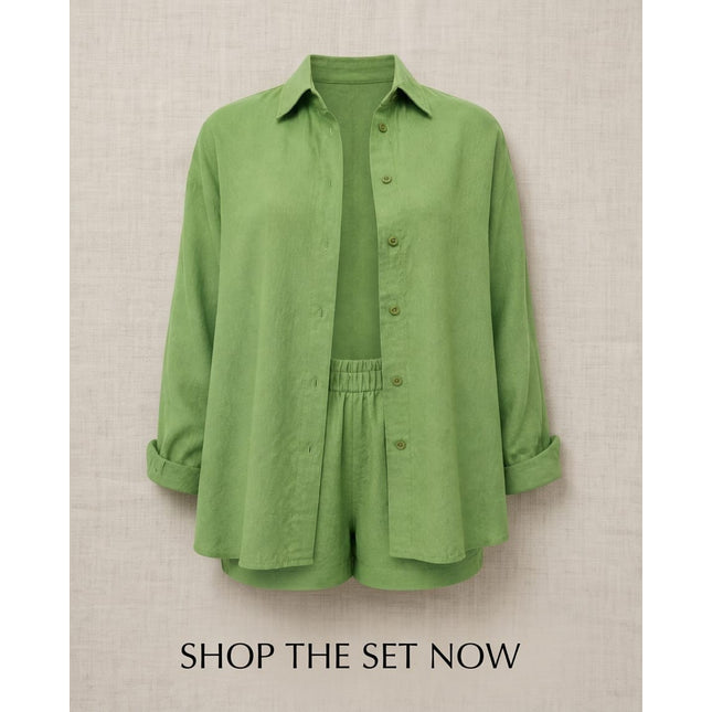 Brand Zee relaxed green two-piece summer co-ord set featuring a button-up shirt and shorts in modal viscose blend