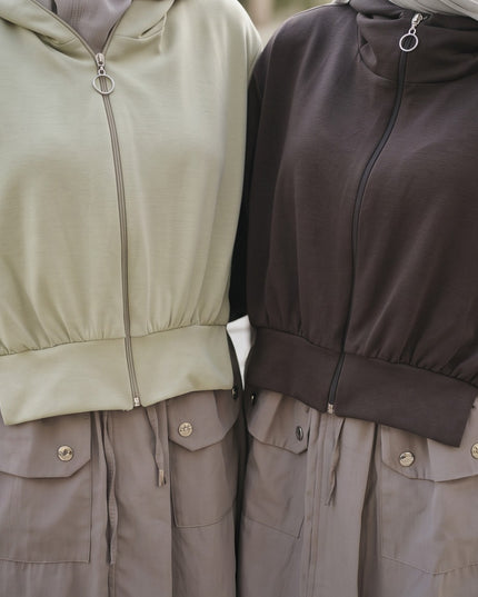 Brand Zee two-piece modest hooded jacket and trouser set in sage green and dark brown cotton and parachute fabric