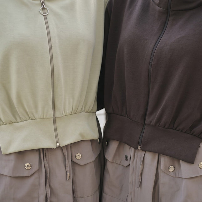 Brand Zee two-piece modest hooded jacket and trouser set in sage green and dark brown cotton and parachute fabric