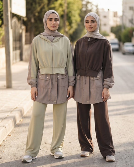 Two models wearing Brand Zee modest two-piece hooded jacket and wide-leg trouser sets in sage green and dark brown.