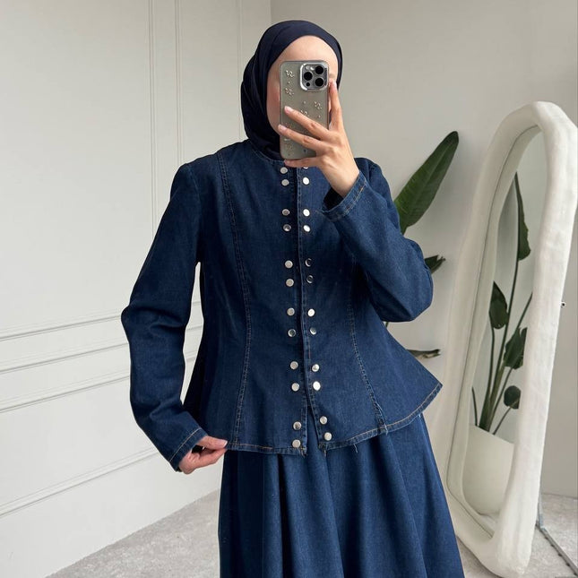 Brand Zee deep indigo denim two-piece set with a peplum jacket featuring metallic buttons and a matching maxi skirt.