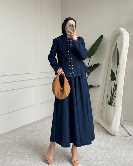 Brand Zee indigo denim two-piece set with a peplum jacket featuring metallic buttons and a matching maxi skirt.