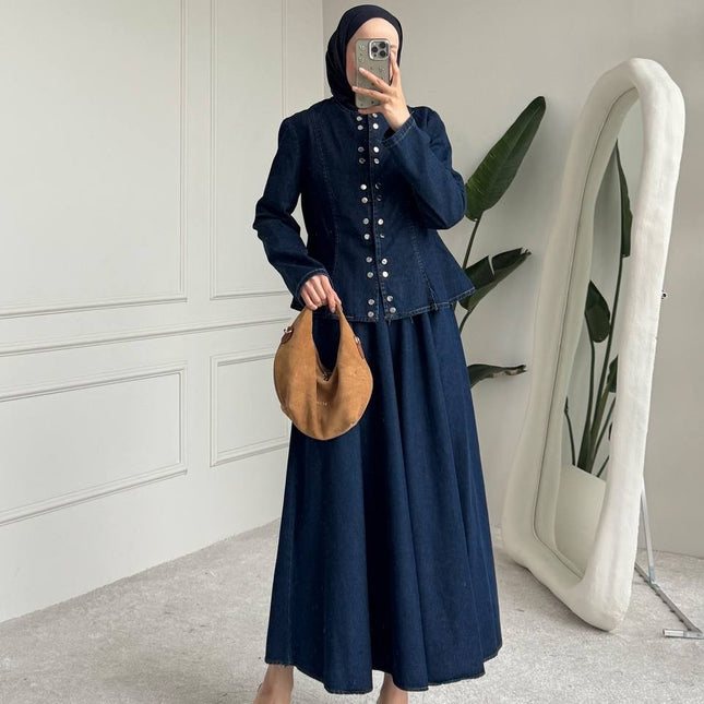 Brand Zee indigo denim two-piece set with a peplum jacket featuring metallic buttons and a matching maxi skirt.
