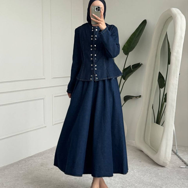 Brand Zee indigo denim two-piece set with a peplum jacket featuring metallic buttons and a matching maxi skirt.