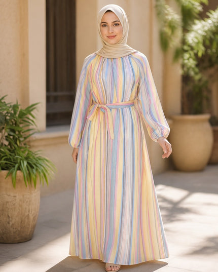 Brand Zee pastel striped long sleeve maxi dress with a matching tie-waist belt worn by a woman in a beige hijab.