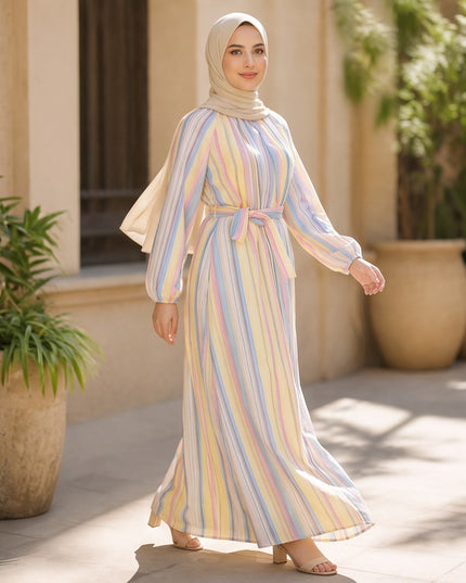 Brand Zee pastel striped long sleeve maxi dress with a tie waist, worn by a woman in a matching beige hijab.