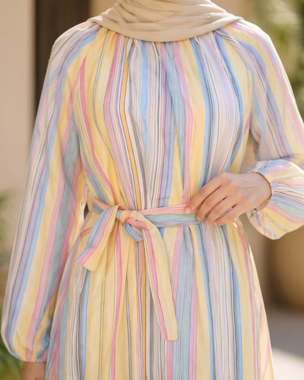 Brand Zee elegant pastel striped long sleeve maxi dress with a tie-waist belt and modest high neckline