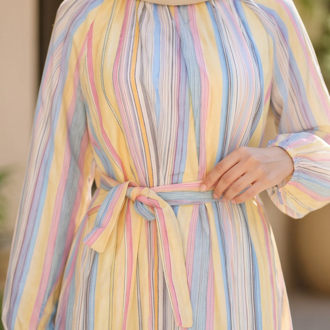 Brand Zee elegant pastel striped long sleeve maxi dress with a tie-waist belt and modest high neckline