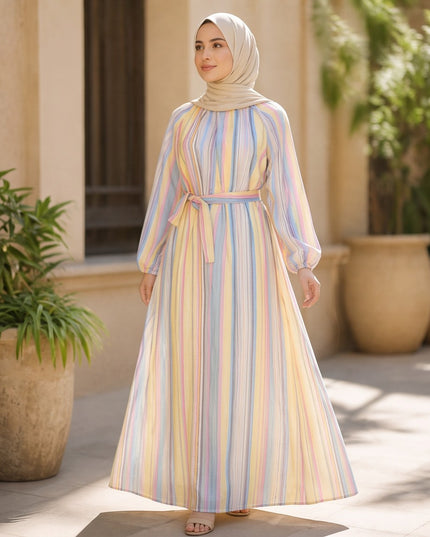 Brand Zee pastel striped long sleeve maxi dress with a tie-waist belt worn by a woman in a beige hijab