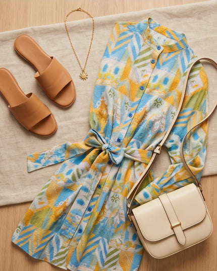 Brand Zee long sleeve shirt with yellow, blue, and green abstract print, mandarin collar, and tie-waist belt.