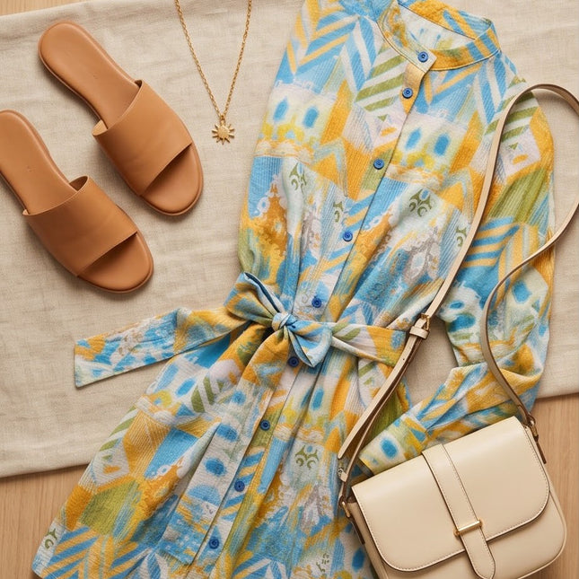 Brand Zee long sleeve shirt with yellow, blue, and green abstract print, mandarin collar, and tie-waist belt.