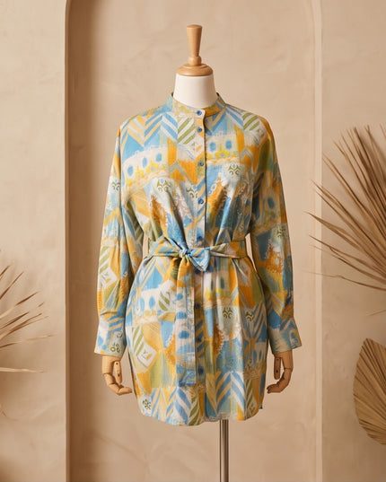 Brand Zee long sleeve shirt with a mandarin collar, tie-waist, and yellow, blue, and green geometric abstract print.