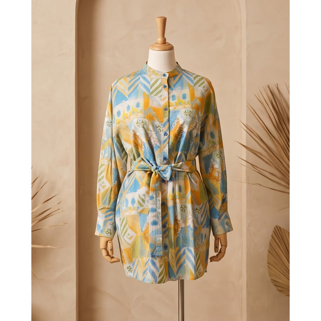 Brand Zee long sleeve shirt with a mandarin collar, tie-waist, and yellow, blue, and green geometric abstract print.