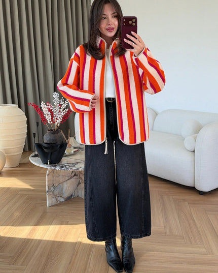 Vertical Striped Zip-Up Plush Jacket ORANGE