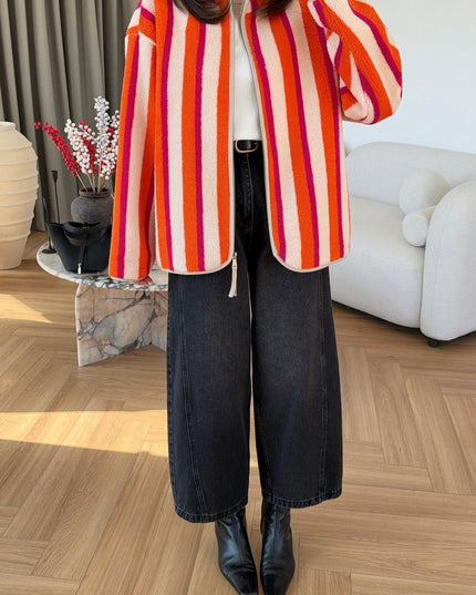 Vertical Striped Zip-Up Plush Jacket ORANGE