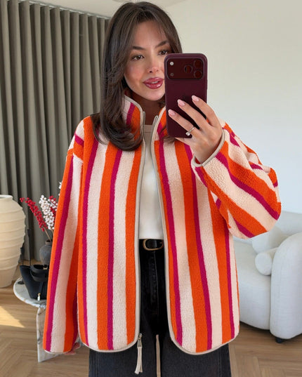 Vertical Striped Zip-Up Plush Jacket ORANGE
