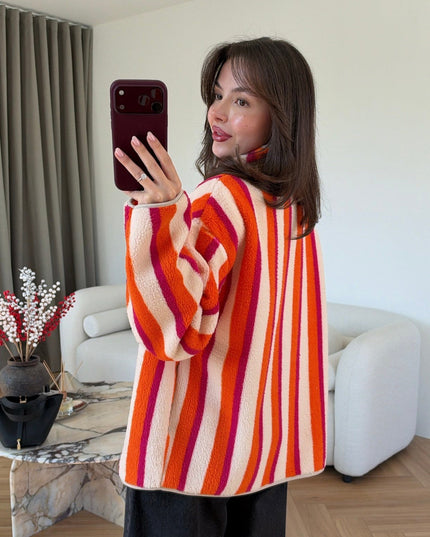 Vertical Striped Zip-Up Plush Jacket ORANGE