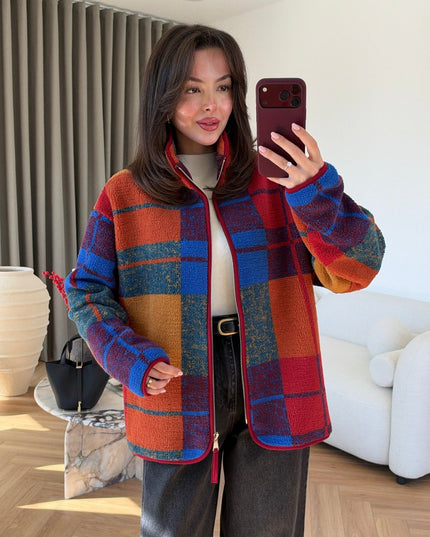 Plaid Patterned Zip-Up Plush Jacket, Colorful.