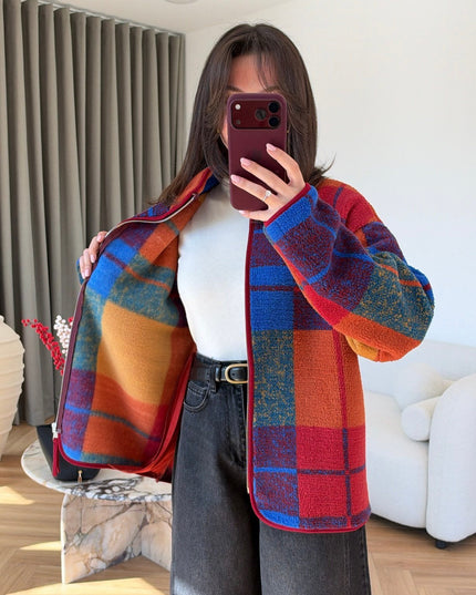 Plaid Patterned Zip-Up Plush Jacket, Colorful.