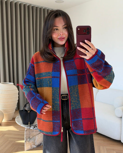 Plaid Patterned Zip-Up Plush Jacket, Colorful.