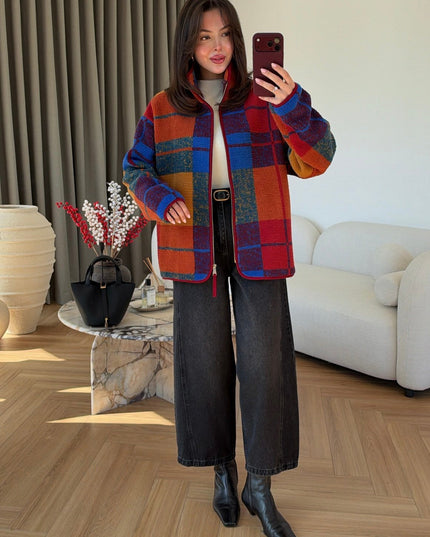 Plaid Patterned Zip-Up Plush Jacket, Colorful.