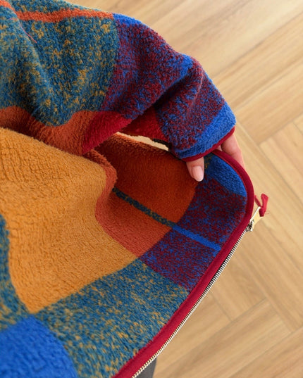 Plaid Patterned Zip-Up Plush Jacket, Colorful.