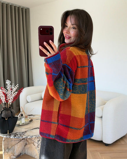 Plaid Patterned Zip-Up Plush Jacket, Colorful.