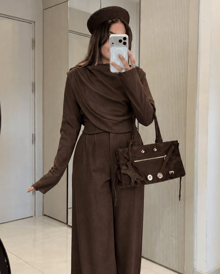 Laos Coffee Cowl Neck Palazzo Pants Suit