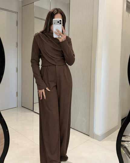 Laos Coffee Cowl Neck Palazzo Pants Suit