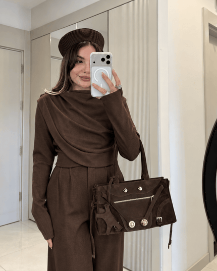Laos Coffee Cowl Neck Palazzo Pants Suit