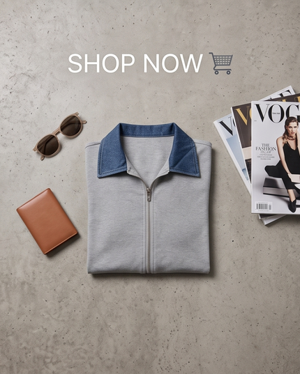 Cropped zip up top with denim collar Grey