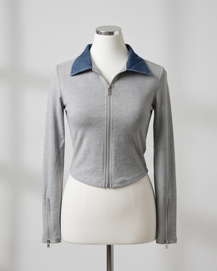 Cropped zip up top with denim collar Grey