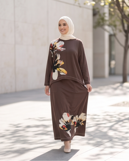 Floral Print Long Sleeve Top and Matching Maxi Skirt Set