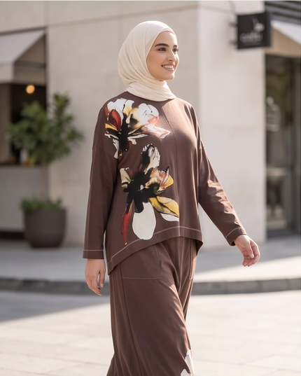 Floral Print Long Sleeve Top and Matching Maxi Skirt Set